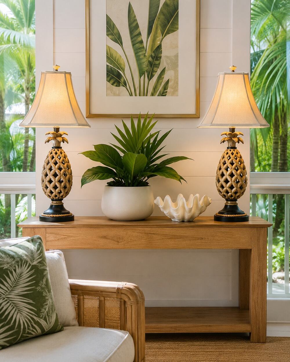 Pair Vintage Pineapple Table Lamps Palm Beach Coastal Original Shades 28"